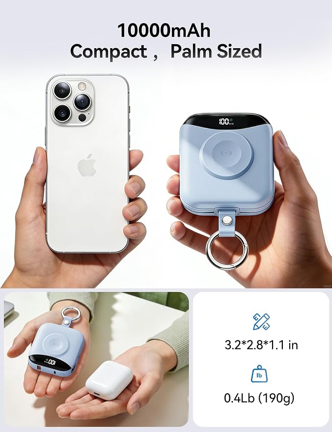 Portable Charger Power Bank, 10000mAh Fast Charging Power Bank with Built-in Cables, Travel Keychain Battery Pack with LED Display for iPhone Samsung Android iPad iWatch Charger 11/10/9/8/Ultra,Blue
