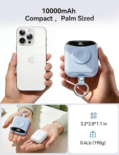 Portable Charger Power Bank, 10000mAh Fast Charging Power Bank with Built-in Cables, Travel Keychain Battery Pack with LED Display for iPhone Samsung Android iPad iWatch Charger 11/10/9/8/Ultra,Blue