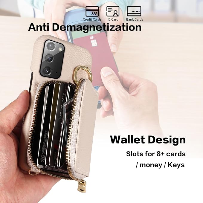 Wallet Case for Samsung Galaxy Note 20 5G with Shoulder Strap Ring Buckle, PU Leather Zipper Flip Organ Purse, Card Holder Stand Phone Cover for Note20 Notes 20s Twenty Not S20 Women Men White