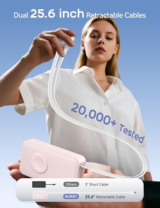 RORRY Portable Charger, 10,000mAh 30W Fast Charging Power Bank with Built-in Retractable Cables, Travel Battery Pack for iPhone 17/16/15/14/13/12, Apple Watch, iPad and More, Pink