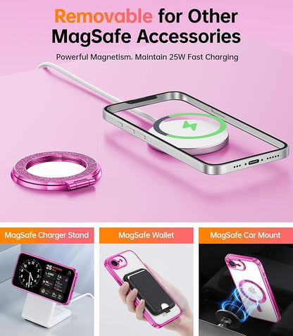 Meifgino Magnetic Case with Removable Phone Ring Stand for iPhone 16E 6.1’’, [Glitter Card & Wrist Strap] [MagSafe Compatible] [Built in Mirror] Phone Ring Stand + Phone Case Kit, Hot Pink