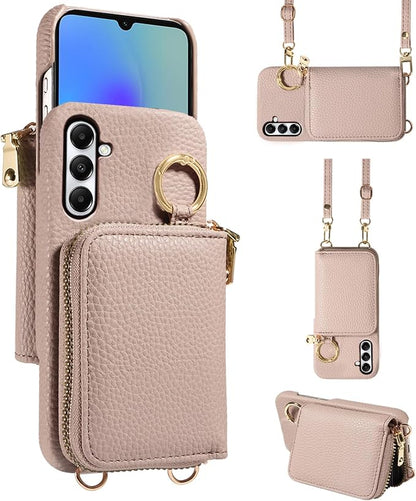 Wallet Case for Samsung Galaxy A35 5G with Shoulder Strap Ring Buckle, Luxury PU Leather Zipper Flip Organ Purse, Credit Card Holder Stand Cell Phone Cover for A 35 35A A355G Women Men Khaki