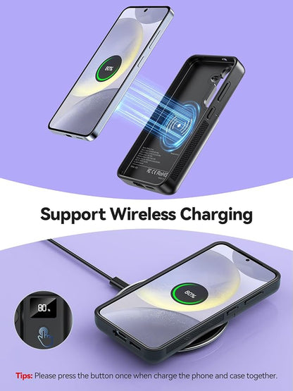Mavulo Battery Case for Samsung Galaxy S24 Plus 6.7", 10000mAh Portable Charger with LED Display, Qi Wireless Charging, 20W USB-C Fast Charging, Sync Data & Wired Audio Supported – Black
