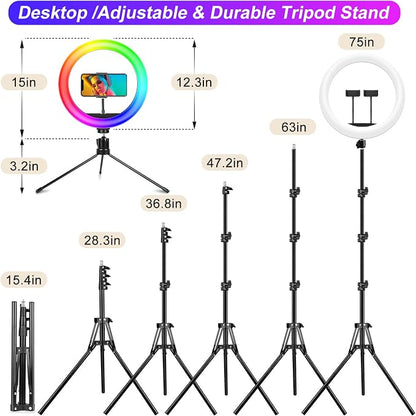 STALLY 12.3" Ring Light with Stand 75" Tall and 2 Phone Holder, Ring Light Tripod for iPhone with 3 CCT Mode & 29 Color Modes, Remote Shutter, Desk Tripod, Great for Live Stream/Makeup/YouTube/TikTok