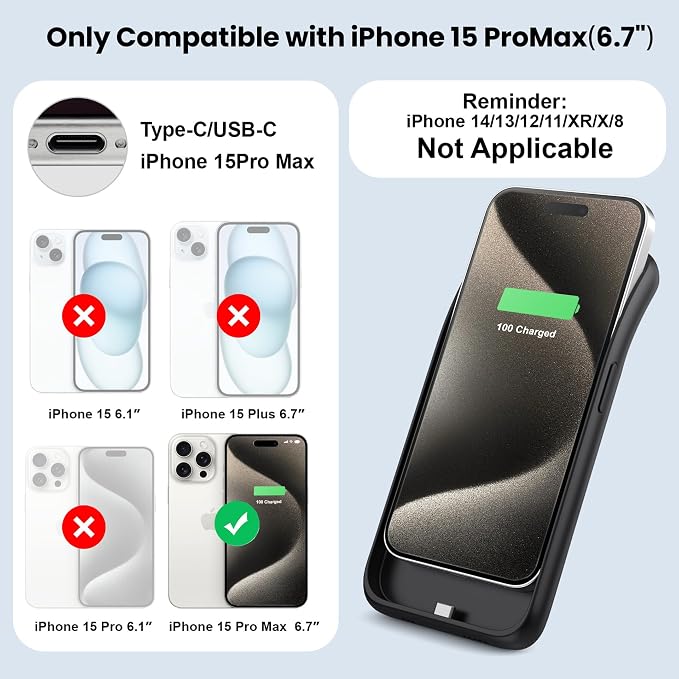 Feob Battery Case for iPhone 15 Pro Max, [2026 Upgraded] 8600mAh Slim Portable Smart Charging Case Rechargeable Protective Extended Charging Cover for iPhone 15 Pro Max Battery Pack (6.7 Inch)-Black