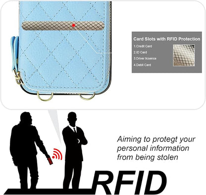 Bocasal Crossbody Wallet Case for iPhone 17e/16e, RFID Blocking PU Leather Zipper Handbag Purse Flip Cover, Kickstand Folio Case with Card Slots Holder Wrist Strap Lanyard 6.1 Inch 5G (Blue)