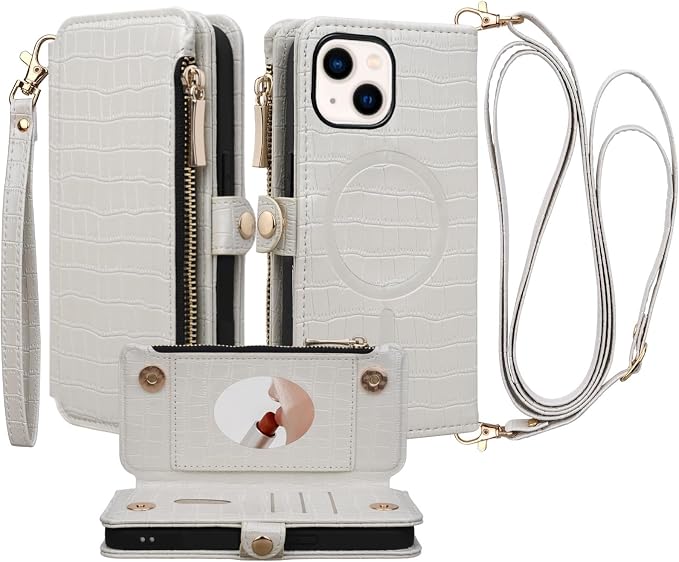 Crossbody Wallet Case for iPhone 13 with Mirror, Wrist Strap, Zipper Purse Magnetic Flip RFID Blocking Card Holder, Wireless Charging, PU Leather Shockproof 6.1" Women (White)