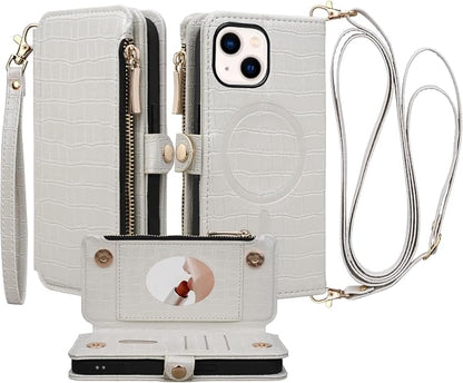 Crossbody Wallet Case for iPhone 13 with Mirror, Wrist Strap, Zipper Purse Magnetic Flip RFID Blocking Card Holder, Wireless Charging, PU Leather Shockproof 6.1" Women (White)