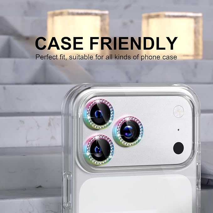 Choiche Compatible for iPhone 17 Pro/iPhone 17 Pro Max Camera Lens Protector Bling, 9H Tempered Glass Camera Cover Screen Protector Metal Ring Decoration Accessories (Diamond-Colorful)