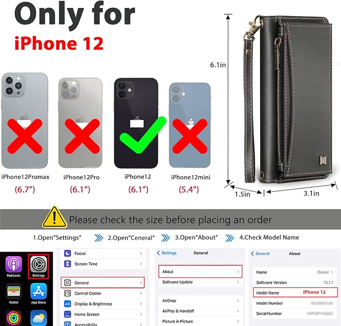 Wallet Case for iPhone 12/12 Pro with Card Holder/Crossbody Wallet/Strap| RFID Blocking | Magnetic | Kickstand | Detachable | PU Leather Phone Case for iPhone 12/12 Pro,6.1 in,Black