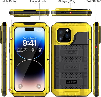 Beasyjoy Waterproof Case for iPhone 14 Pro, Metal Full Body Sealed Phone Case with Built-in Screen Protector, Military Grade Heavy Duty Defender Armor Shockproof Rugged Case 6.1 Inch, Yellow
