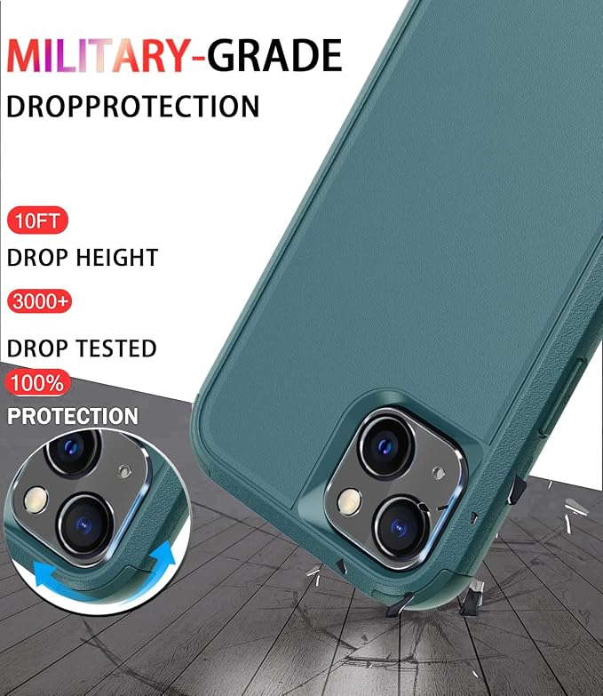 Diverbox for iPhone 13 Case [Shockproof] [Dropproof] [Tempered Glass Screen Protector + Camera Lens Protector],Heavy Duty Protection Phone Case Cover for Apple iPhone 13 (Dark Green)