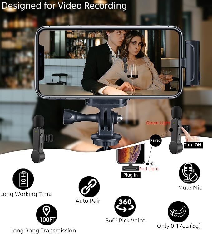 2 Pack Lavalier Microphone USB C Wireless Lav Mic for Android Phone Noise Canceling Mini Lapel Mic Type C for iPhone 15/16/17 Video Recording Vlog Tiktok