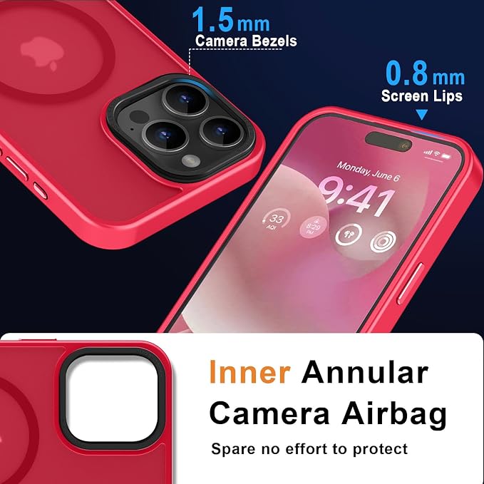 MOCCA Strong Magnetic for iPhone 15 Pro Max Case, [Compatible with Magsafe][13FT Military Drop Protection] Slim Translucent Matte Shockproof Case for iPhone 15 ProMax Case 6.7'' - Red