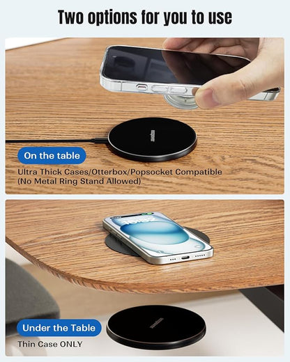 Invisible Wireless Charger, 0-30mm Under Desk Wireless Charger, Dual Uses On or Hidden Under Table Charging Pad for Nightstand for iPhone 17/17 Pro/17 Pro Max/17 Air/16/15/14/Samsung Phone