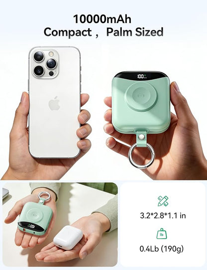 Portable Charger Power Bank, 10000mAh Fast Charging Power Bank with Built-in Cables, Travel Keychain Battery Pack with LED Display for iPhone Samsung Android iPad iWatch Charger 11/10/9/8/Ultra,Green