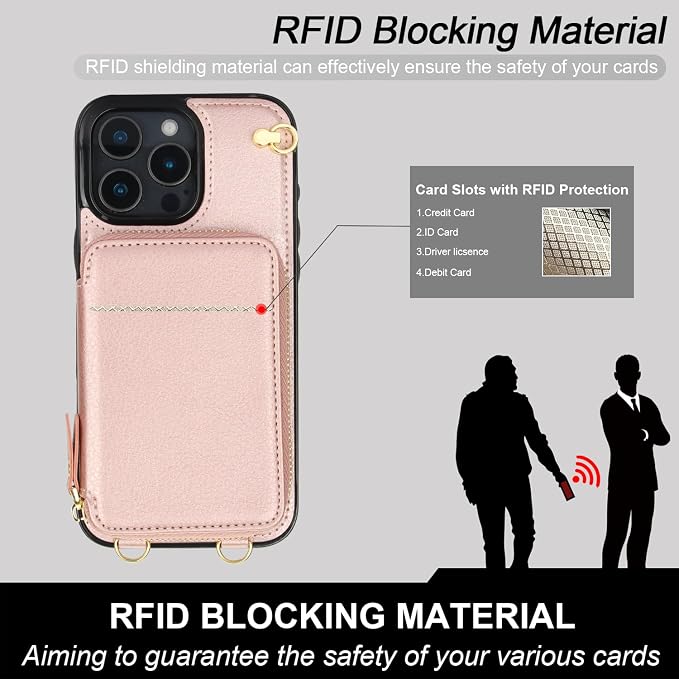 Bocasal Crossbody Wallet Case for iPhone 16 Pro Max, RFID Blocking Leather Purse Case with Card Holder, Protective Handbag Flip Cover with Zipper Wrist Strap Lanyard for Women 5G 6.9 Inch (Rose Gold)