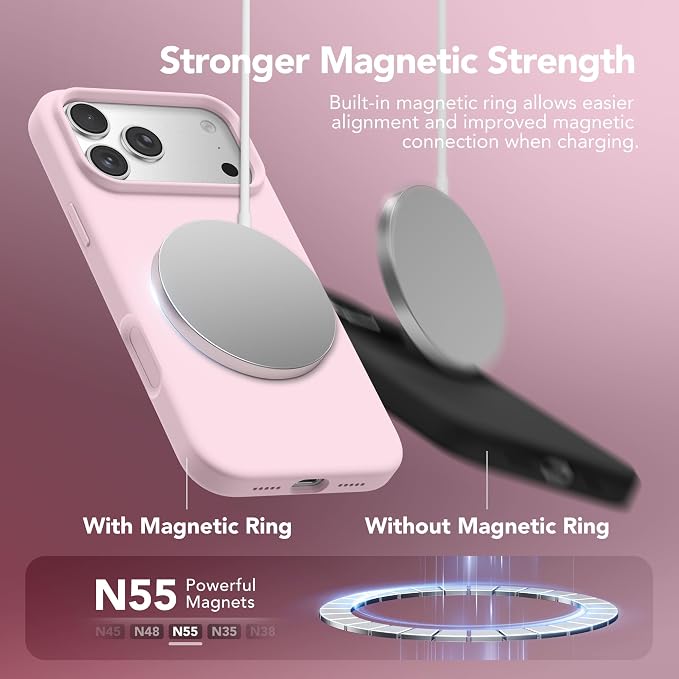 GONEZ Magnetic for iPhone 17 Pro Case, Compatible with MagSafe, [Screen Protector + Camera Lens Protector], Liquid Silicone Anti-Scratch Shockproof Protective Phone Case 6.3 inch, Pastel Pink