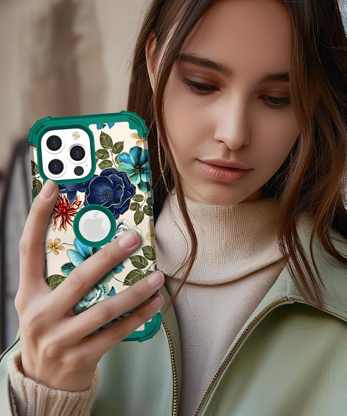 Hocase for iPhone 16 Pro Case 6.3", Heavy Duty Shockproof Protection Soft Silicone Rubber+Hard Plastic Bumpers Hybrid Protective Case for iPhone 16 Pro 2024 - Teal Flowers