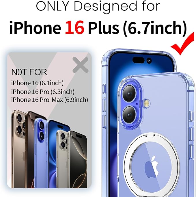 3 in 1 for iPhone 16 Plus Case Clear Ring Holder | Screen Protector *1 & Camera Lens Protector*1, Not Yellowing, Build in Kickstand, Military-Grade Protection