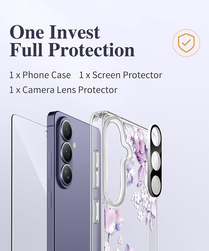 GVIEWIN for Samsung Galaxy S26 Plus Case, Clear Floral Slim Shockproof Protective Women Phone Case, Non-Yellowing, with Screen Protector&Camera Lens Protector for S26 Plus 6.7", Foliolosa/Purple