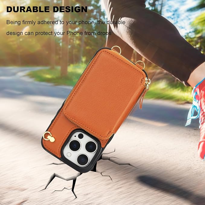 Bocasal Crossbody Wallet Case for iPhone 16 Pro, RFID Blocking Leather Purse Case with Card Holder, Protective Handbag Flip Cover with Zipper Wrist Strap Lanyard for Women 5G 6.3 Inch (Brown)