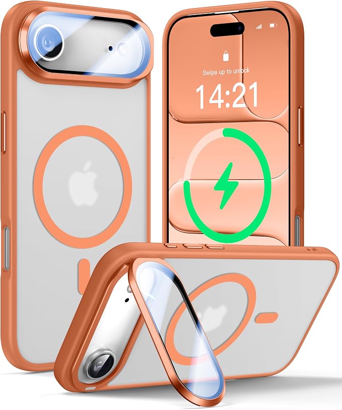 [Upgraded Full Camera Protection] for iPhone Air Case with Camera Cover Stand [Fit for MagSafe][10FT Mil-Grade Protection] Translucent Magnetic Phone Cover for iPhone 17 Air Case, Orange