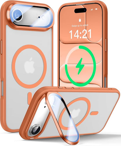 [Upgraded Full Camera Protection] for iPhone Air Case with Camera Cover Stand [Fit for MagSafe][10FT Mil-Grade Protection] Translucent Magnetic Phone Cover for iPhone 17 Air Case, Orange