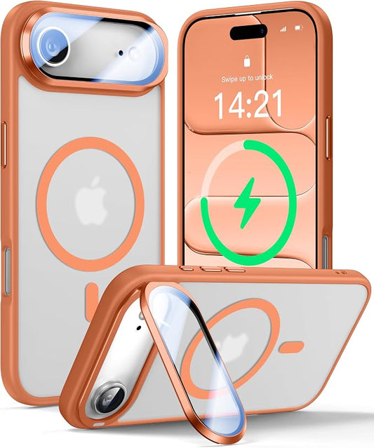 [Upgraded Full Camera Protection] for iPhone Air Case with Camera Cover Stand [Fit for MagSafe][10FT Mil-Grade Protection] Translucent Magnetic Phone Cover for iPhone 17 Air Case, Orange