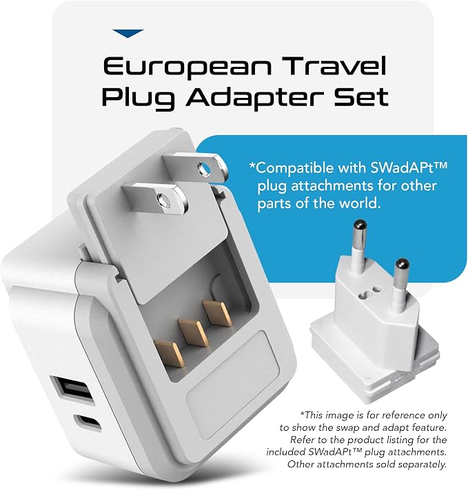 Ceptics 20W European Travel Plug Adapter, 2 USA Outlets, USB-C & USB-A | European Plug Adapter, Type C, E/F, G SWadAPt Attachments, PD & QC USB ports, European Adapter for Germany, France, Italy, UK