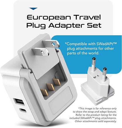 Ceptics 20W European Travel Plug Adapter, 2 USA Outlets, USB-C & USB-A | European Plug Adapter, Type C, E/F, G SWadAPt Attachments, PD & QC USB ports, European Adapter for Germany, France, Italy, UK