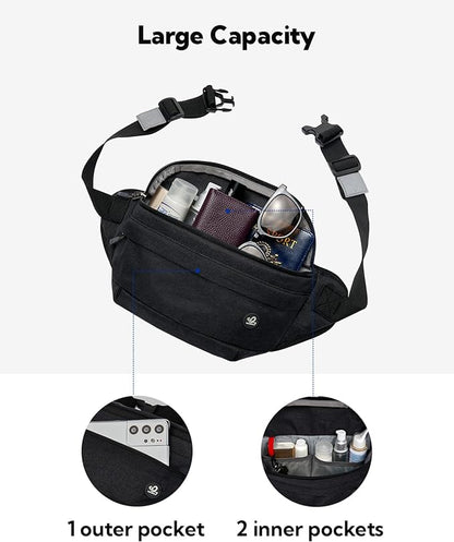 WATERFLY Running Belt Fanny Pack: Runner Marathon Jogging Waist Pack Sport Workout Exercise Fitness Phone Holder Belt for Men Women Jogger Slim Waistband Black