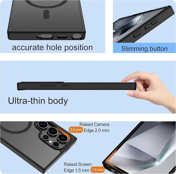 For Samsung Galaxy S24 Ultra Case [Compatible with Magsafe] Translucent Matte Magnetic S24 Ultra Phone Case,SlimThin Duty Shockproof Protection Cover with 2pc HD Screen Protector for S24 Ultra-Black