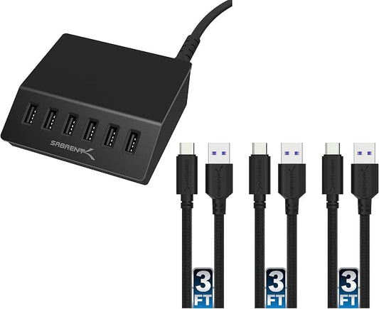 Premium 60 Watt (12 Amp) 6 Port Aluminum Family Sized Desktop USB Rapid Charger.+[3-Pack 22AWG Premium High Speed 3ft USB-C to USB A 3.2 Charge Cables Fast Sync