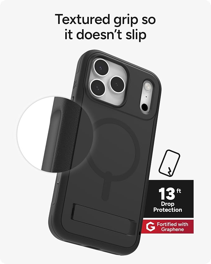 ZAGG Sedona Snap Case with Kickstand for iPhone 17 Pro Max - Pitch Black, Drop Protection (13ft/4m), Multi-Layer Protection, with Camera Button, MagSafe Phone Case with Impact-Absorbing Bumpers