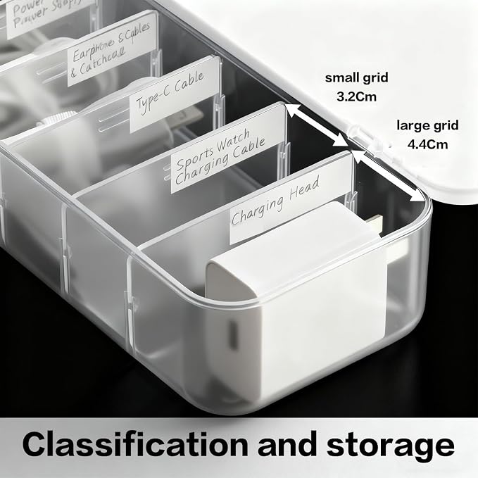 Cable Organizer Box with 7 Wire Ties, 2 Pack Desktop Cord Management Storage Case with Lid, 7 Compartments for Chargers Cables for Office Home Desk Accessories Cords (White)