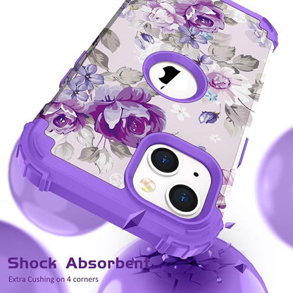 Hocase for iPhone 14 Case/iPhone 13 Case, Heavy Duty Shockproof Protection Soft Silicone Rubber+Hard Plastic Bumpers Hybrid Protective Case for iPhone 13/14 (6.1") - Lavender Flowers