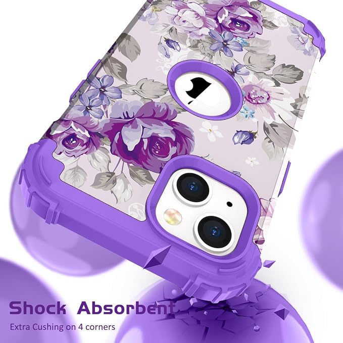 Hocase for iPhone 14 Plus Case, Heavy Duty Shockproof Protection Soft Silicone Rubber+Hard Plastic Bumpers Hybrid Protective Case for iPhone 14 Plus 6.7" 2022 - Lavender Flowers