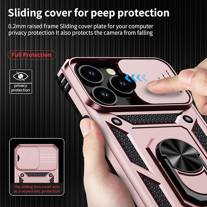 Vinve for iPhone 14 Pro Max Case with Slide Lens Cover HD Screen Protector, Military Grade Drop Protection, Magnetic Rotated Ring Holder Kickstand Protective Phone Case (Rose Gold)
