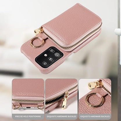 Wallet Case for Samsung Galaxy A51 5G/A 51 5G UW Verizon & Shoulder Strap Ring Buckle PU Leather Zipper Flip Organ Purse Credit Card Holder Stand Full Body Phone Cover for 51A G5 S51 Rose Gold