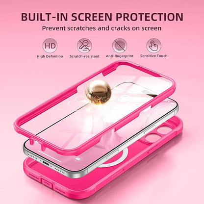 BERFY for iPhone 17 Pro Case, Compatible with MagSafe, Built-in Glass Screen Protector, Camera Protection, Shockproof Full Body Phone case 6.3", Translucent Hot Pink