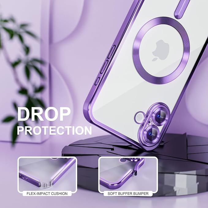 Misea Magnetic for iPhone 16 Case Compatible with MagSafe [Never Yellowing] [Military Grade Drop Protection] Full Camera Lens Protector Plating Soft Clear Phone Case for Women 6.1 inch, Deep Purple