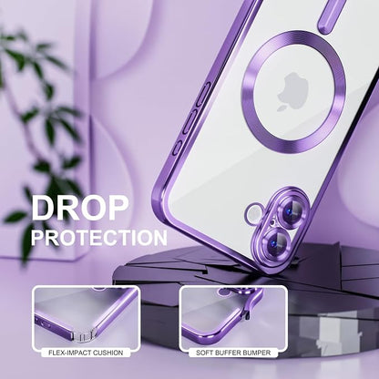 Misea Magnetic for iPhone 16 Plus Case Compatible with MagSafe [Never Yellowing] [Military Grade Drop Protection] Full Camera Lens Protector Plating Soft Clear Phone Case for Women 6.7", Deep Purple