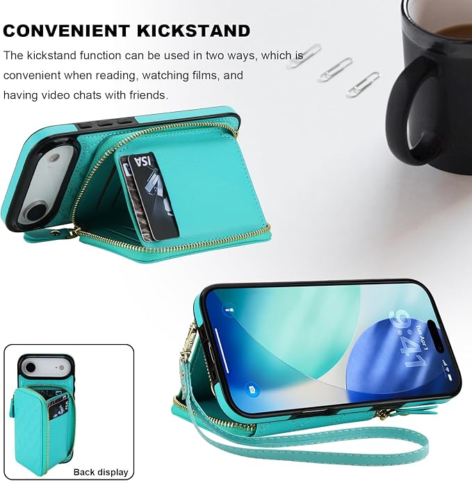 Bocasal Crossbody Wallet Case for iPhone 17 Air, RFID Blocking PU Leather Zipper Handbag Purse Flip Cover, Kickstand Folio Case with Card Slots Holder Wrist Strap Lanyard 5G 6.5 Inch (Mint Green)