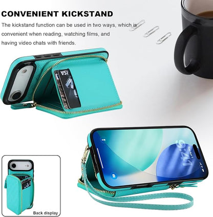 Bocasal Crossbody Wallet Case for iPhone 17 Air, RFID Blocking PU Leather Zipper Handbag Purse Flip Cover, Kickstand Folio Case with Card Slots Holder Wrist Strap Lanyard 5G 6.5 Inch (Mint Green)