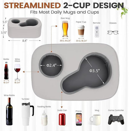 G GOOD GAIN Couch Cup Holder Pillow - Sofa & Bed Organizer Caddy for Drinks, Phones, Remotes, Snacks | Portable Tray for Car, Boat, RV, Picnic,PUGrey