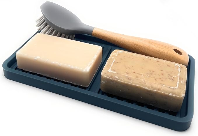 Happitasa Silicone Kitchen Sink Organizer Tray, Sponge Holder and Countertop Protector | Bathroom and Kitchen Soap Dish and Dispenser Tray (Smoky Blue, 10"x5.25", 10.4 Ounces)