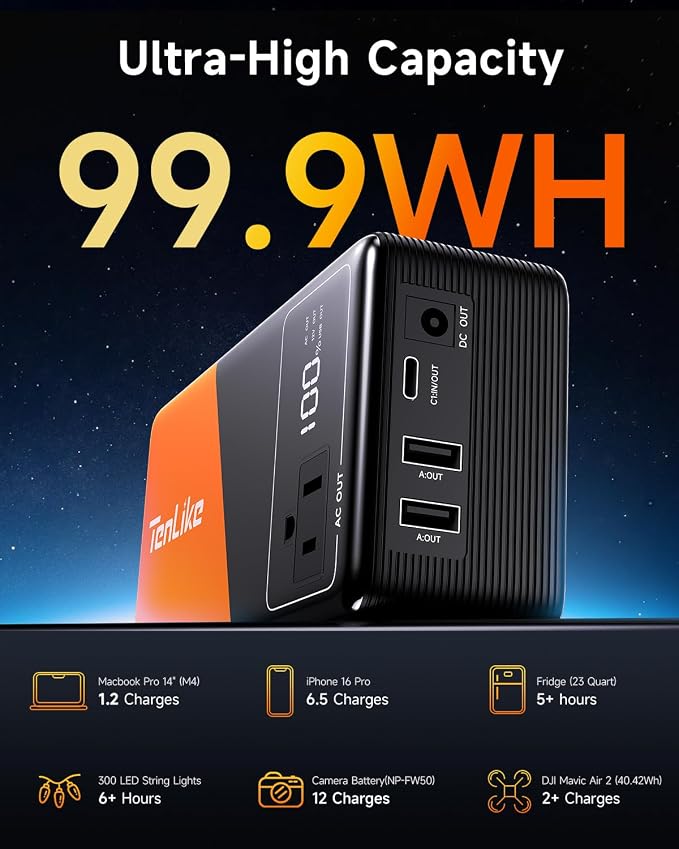 Large Power Bank for Camping Essentials Portable Power Station 99.9Wh Small Electric Generator with 110V 80W Rated 120W Peak AC Plug in Output 60W Type-C Home Backup Outdoor Emergency, Black Orange