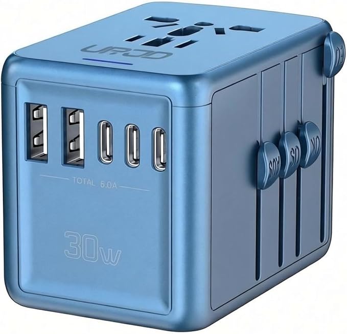 Universal Travel Adapter with 5 USB C/A Ports 30W Fast Charging, Blue | International Power Adapter for Europe UK Japan 200+ Countries, Travel Charger for Phone Laptop, 10A Fuse, 2500W AC Outlet