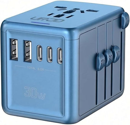 Universal Travel Adapter with 5 USB C/A Ports 30W Fast Charging, Blue | International Power Adapter for Europe UK Japan 200+ Countries, Travel Charger for Phone Laptop, 10A Fuse, 2500W AC Outlet